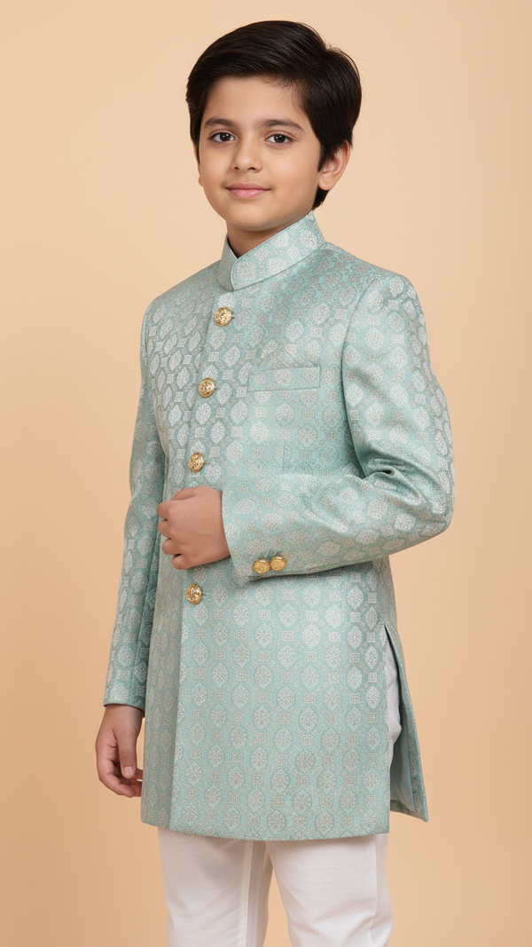 Light blue K Judhpuri suit for kids featuring intricate patterns, ideal kids achkan for wedding