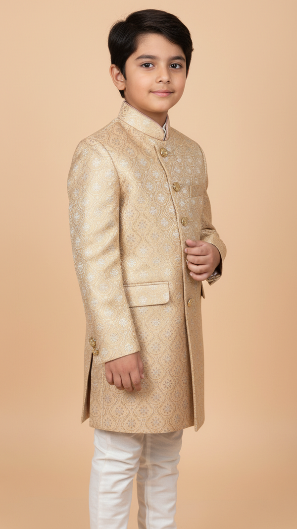 K JUDHPURI SUIT-999 in gold for boys, perfect kids achkan for wedding ceremonies