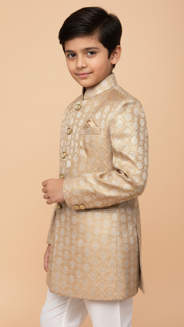 Elegant K Judhpuri Suit-999 in gold, perfect kids achkan for wedding celebrations