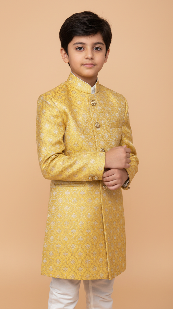 Elegant K Judhpuri Suit in yellow for boys, perfect kids achkan for wedding celebrations