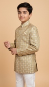 Kids achkan for wedding in gold with intricate patterns, suitable for formal occasions