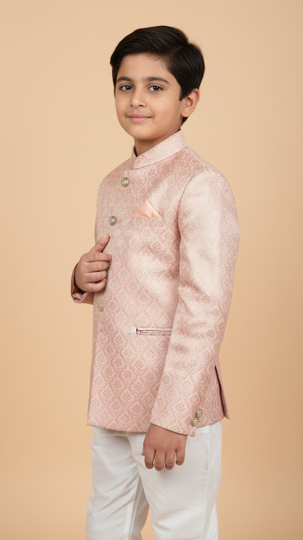 K JUDHPURI SUIT-999 for boys, stylish kids achkan for wedding in light pink with decorative details