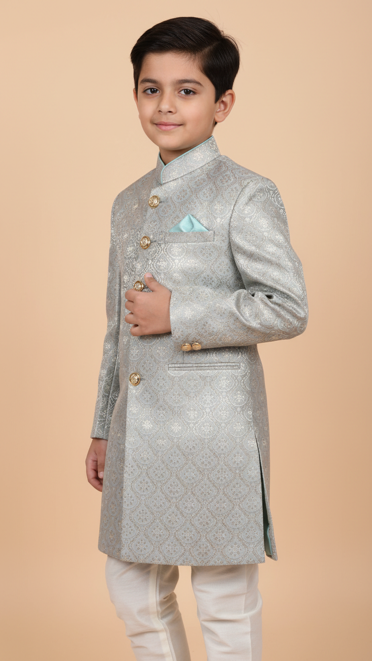 Light Grey K Judhpuri Suit for Boys with Button Detail, Ideal kids achkan for wedding events
