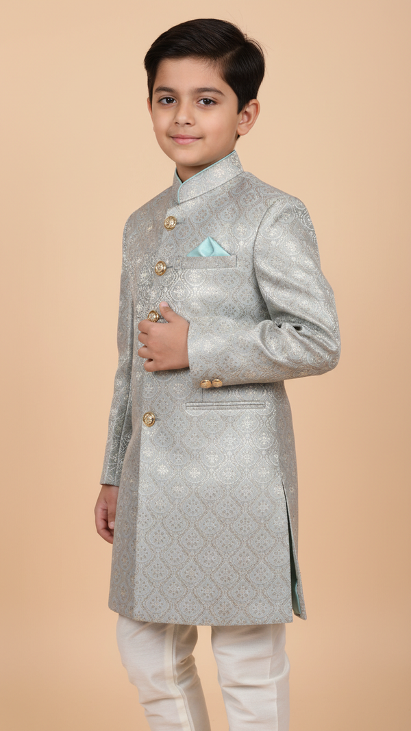 Light Grey K Judhpuri Suit for Boys with Button Detail, Ideal kids achkan for wedding events