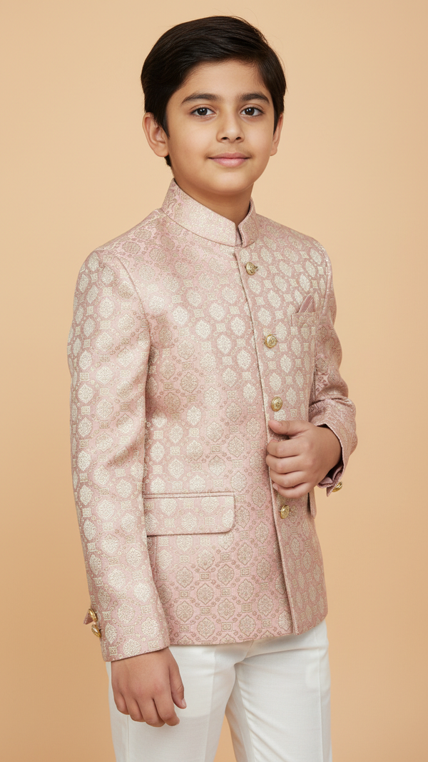 K JUDHPURI SUIT-999 in light pink for boys, a stylish kids achkan for wedding celebrations