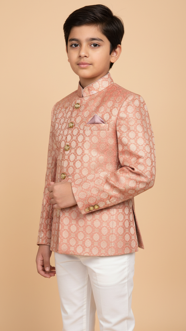 Elegant kids achkan for wedding in peach with intricate pattern and stylish collar by Modern Marwar