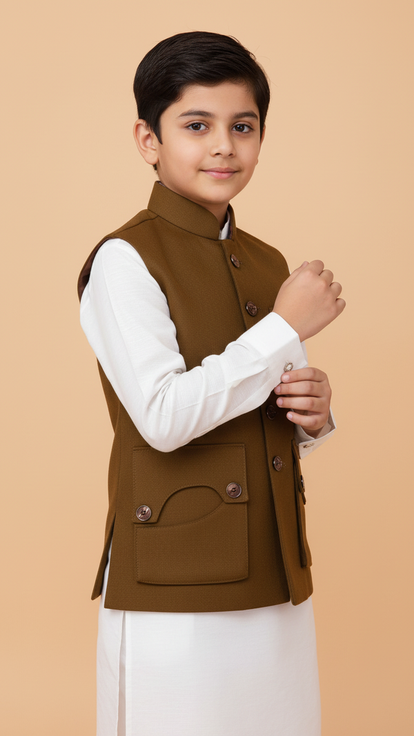 Kids gun pocket koti online Chotte Banna in brown with stylish buttons for traditional wear