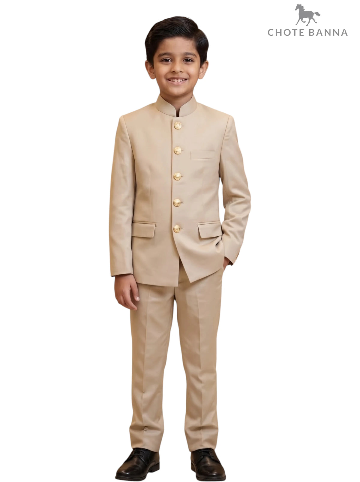Kids Jodhpuri Suit in Beige Fabric with Golden Buttons from CHOTTE BANNA, Front View - KIDS JODHPURI SUIT-23-5003-2