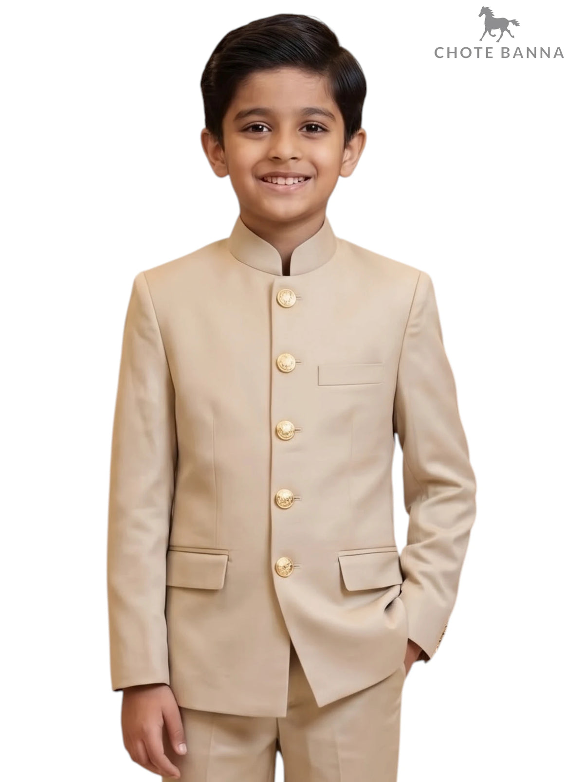 Kids Jodhpuri Suit in beige fabric with golden buttons, front view, KIDS JODHPURI SUIT-23-5003-2