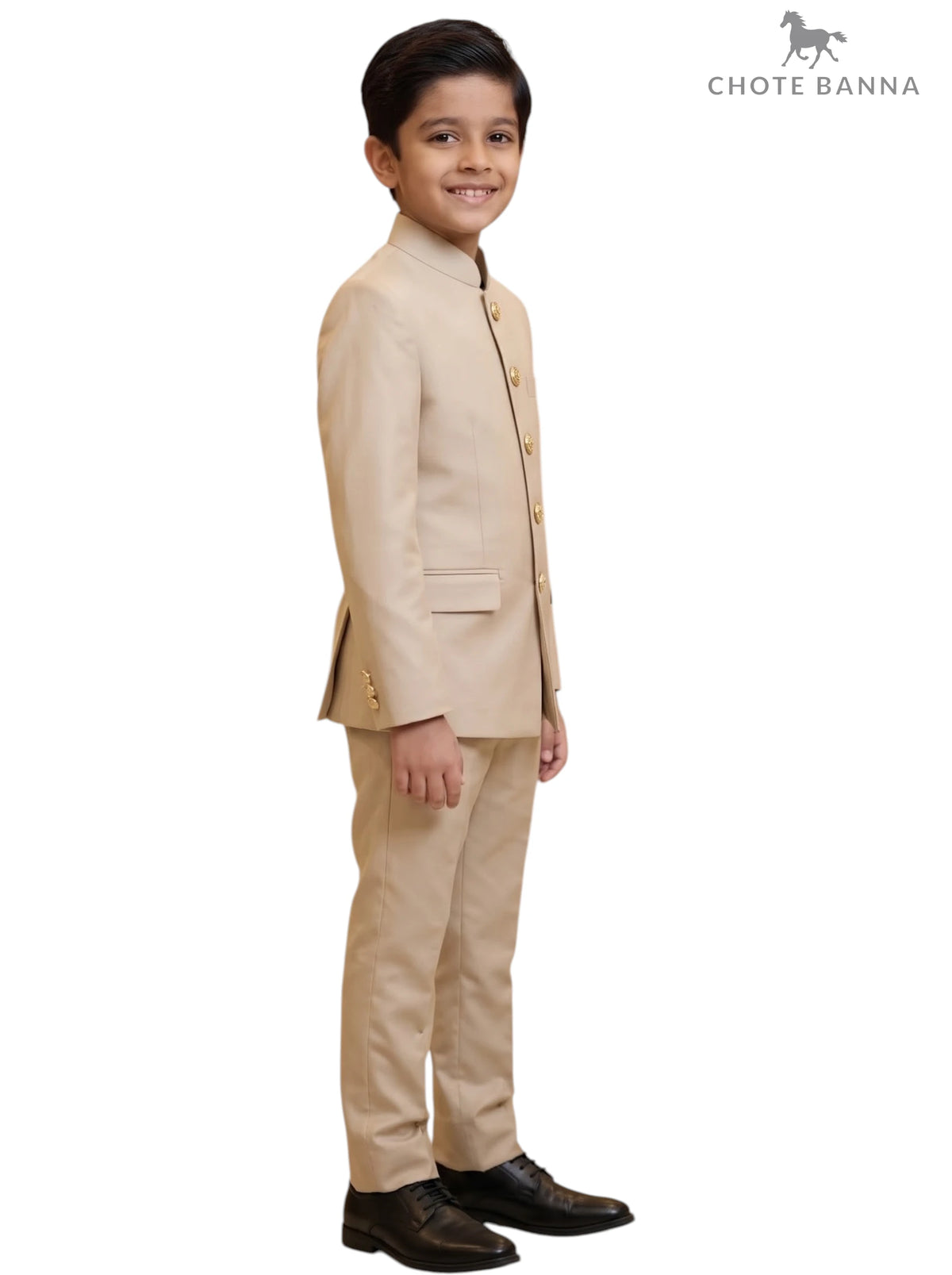 Beige Jodhpuri Suit for Kids in Cotton Fabric, Side View - KIDS JODHPURI SUIT-23-5003-2
