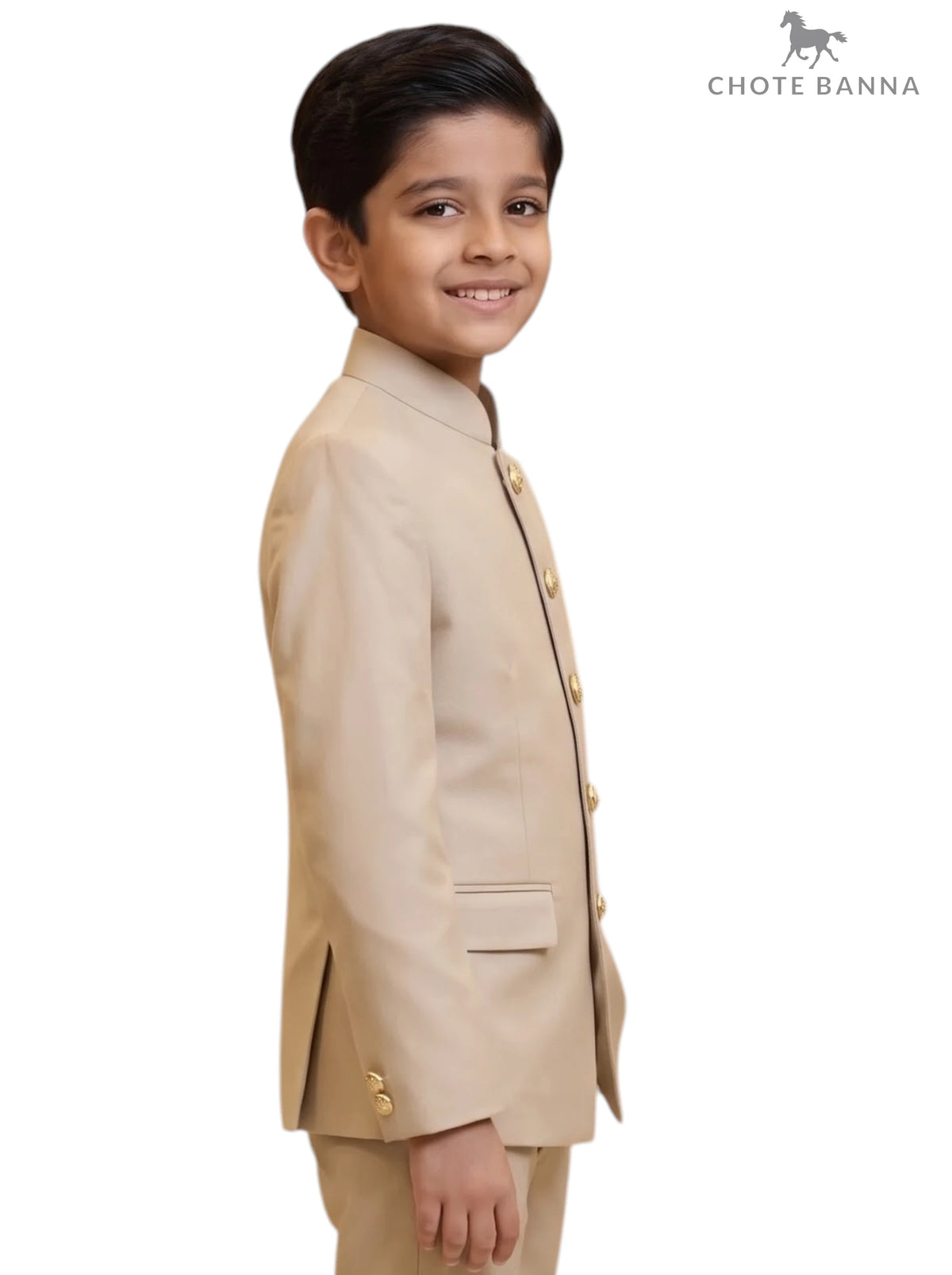 Jodhpuri Suits in beige fabric for kids with a side angle view - KIDS JODHPURI SUIT-23-5003-2