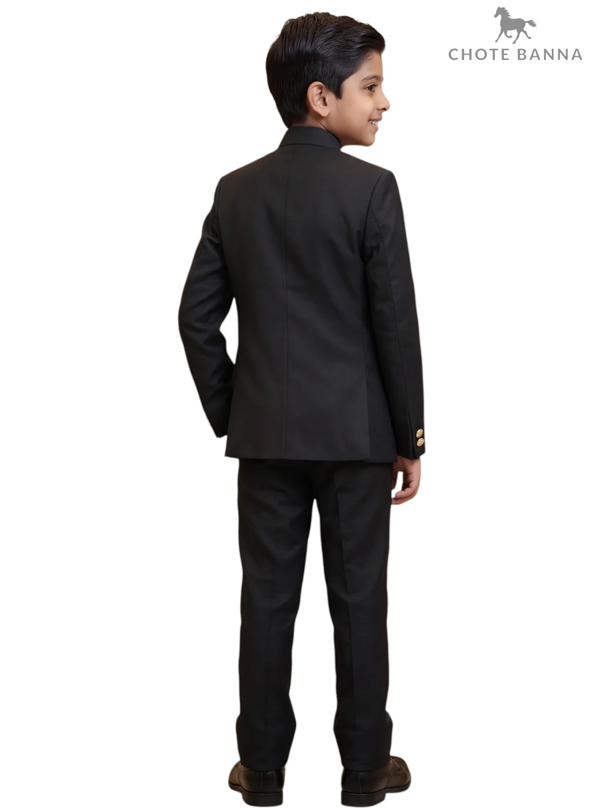 Kids Jodhpuri Suit in black fabric, back view showcasing a stylish design, KIDS JODHPURI SUIT-23-5003-2