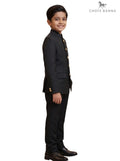 Kids Jodhpuri Suit in black fabric, side view showcasing elegant design and gold buttons, KIDS JODHPURI SUIT-23-5003-2