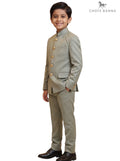 Kids Jodhpuri Suit in light grey fabric with a tailored fit and gold buttons, KIDS JODHPURI SUIT-23-5003-2