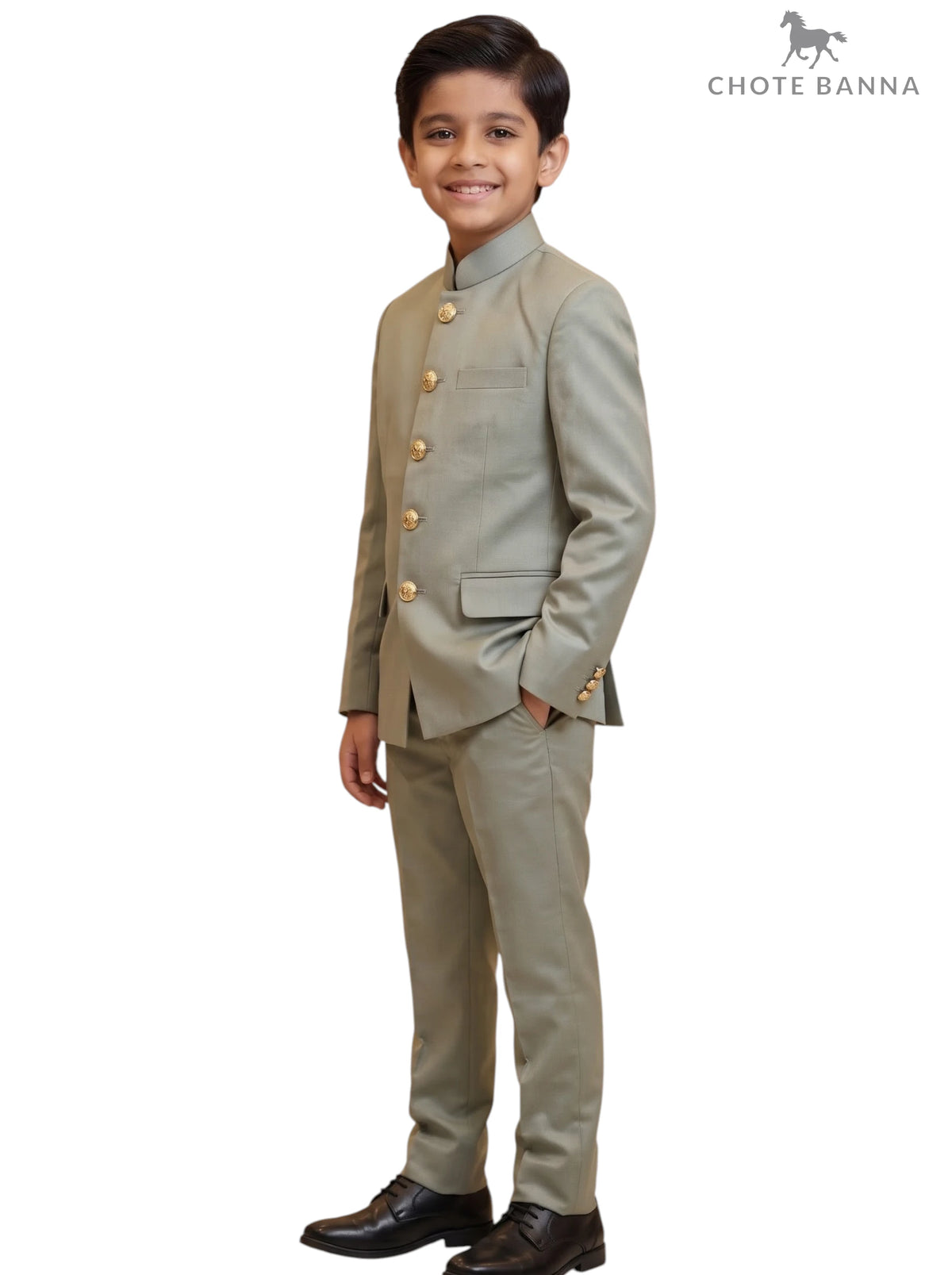Kids Jodhpuri Suit in light grey fabric with a tailored fit and gold buttons, KIDS JODHPURI SUIT-23-5003-2