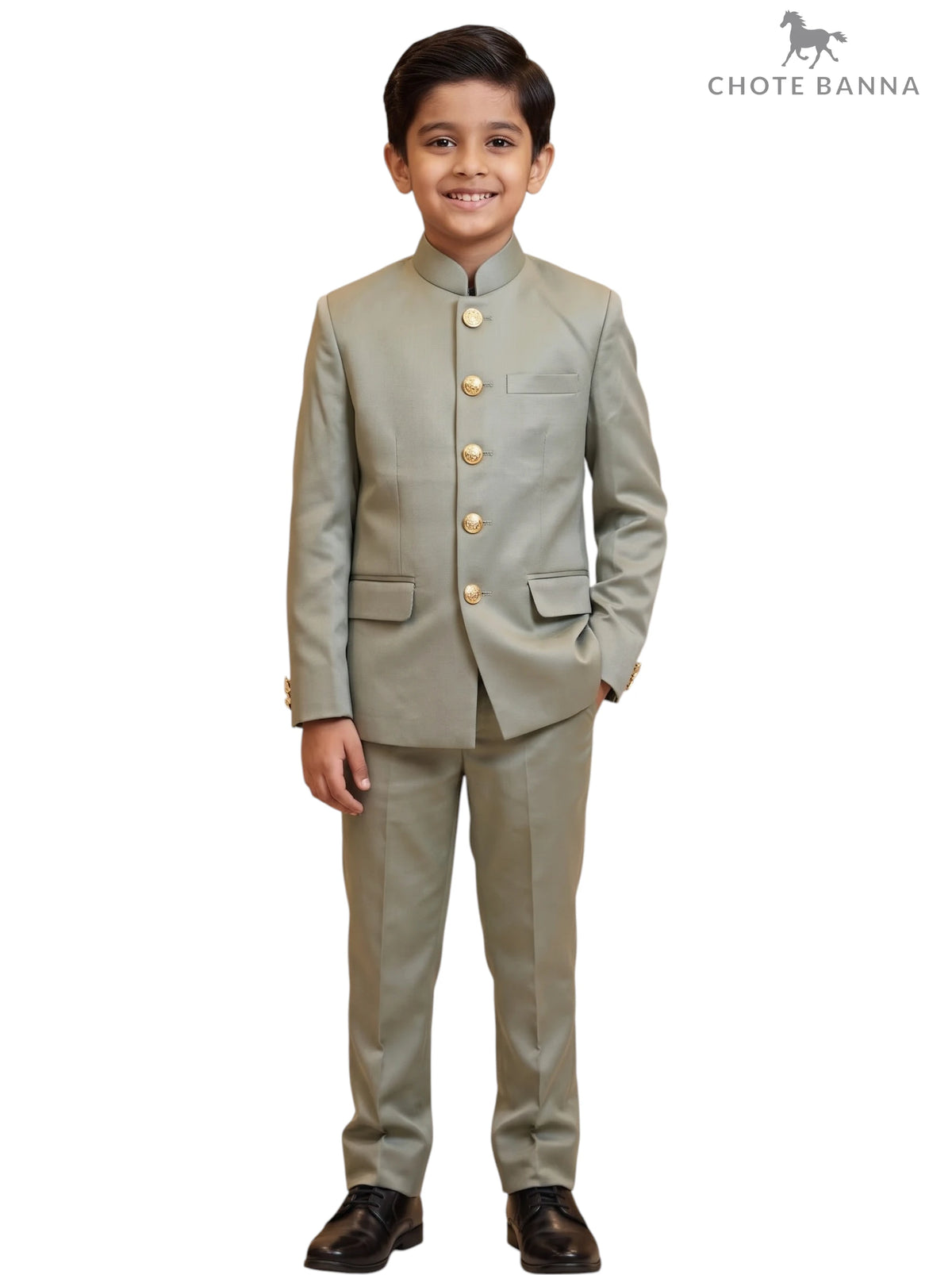 Kids Jodhpuri Suit in Light Grey Fabric, Front Angle, KIDS JODHPURI SUIT-23-5003-2