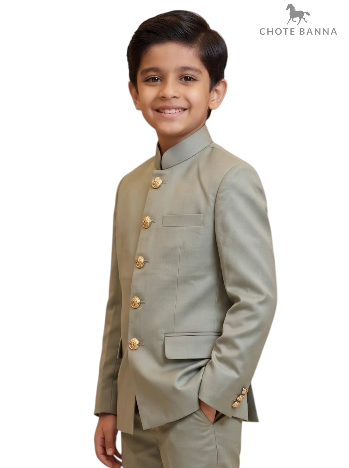 Kids Jodhpuri Suit in Light Green Fabric with Golden Buttons, Stylish Angle View - KIDS JODHPURI SUIT-23-5003-2