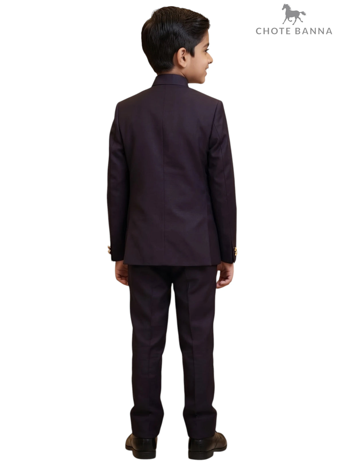 Kids Jodhpuri Suit in dark purple fabric from the back angle by CHOTTE BANNA, KIDS JODHPURI SUIT-23-5003-2