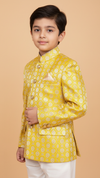 Stylish kids Jodhpuri suit in yellow with intricate patterns, perfect for special occasions