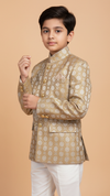 Elegant kids Jodhpuri suit in gold with intricate patterns, perfect for festive occasions