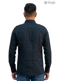 M Hunting Shirt in black linen from Singh, showcasing the back view with a casual fit; LINEN JIO 2P-MN-3