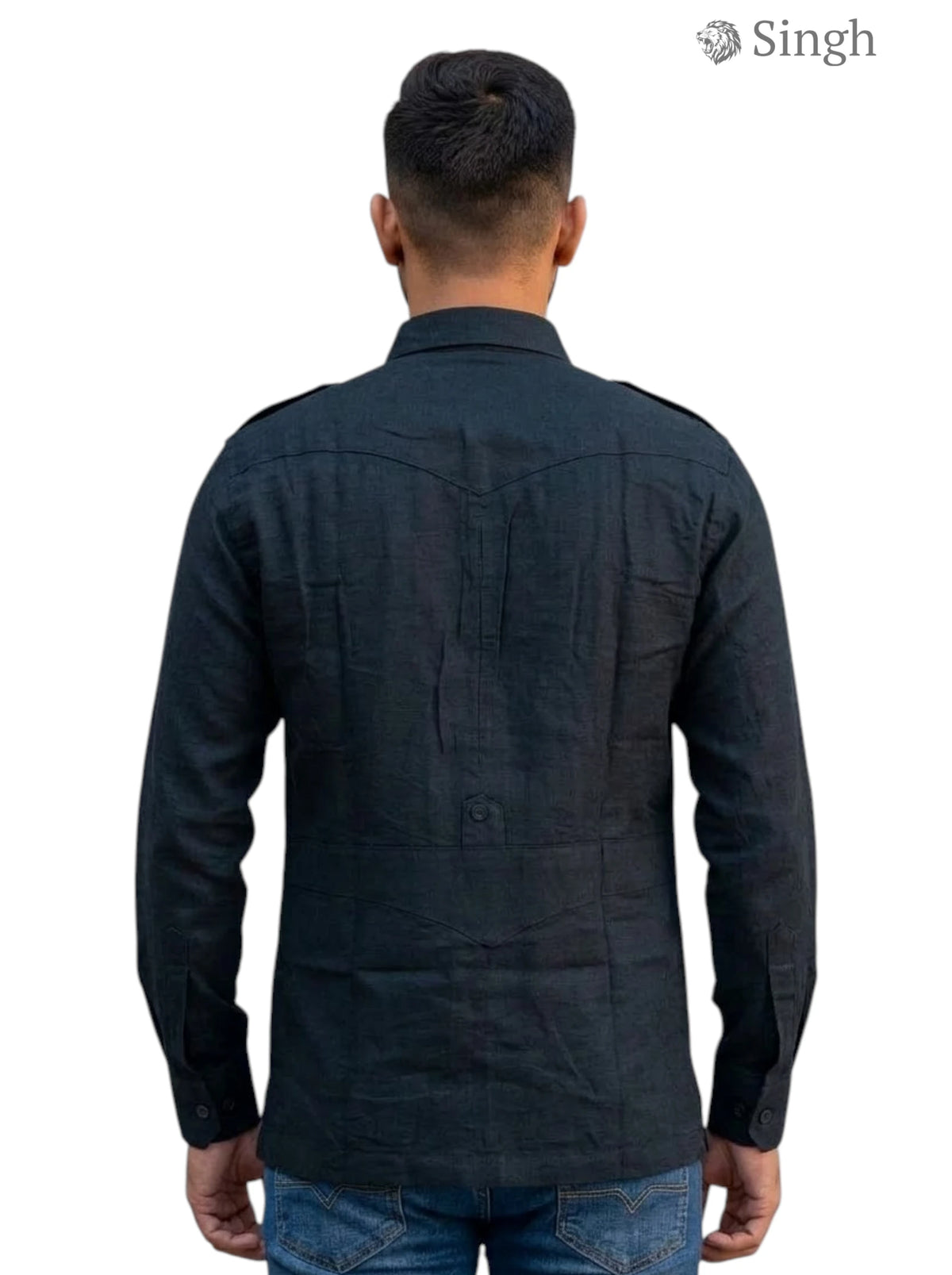 M Hunting Shirt in black linen from Singh, showcasing the back view with a casual fit; LINEN JIO 2P-MN-3