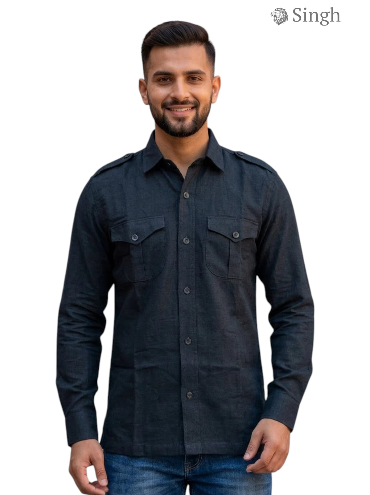 M Hunting Shirt in Dark Gray Linen fabric front view featuring LINEN JIO 2P-MN-3