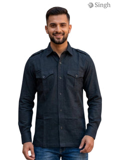 M Hunting Shirt in Dark Gray Linen fabric front view featuring LINEN JIO 2P-MN-3