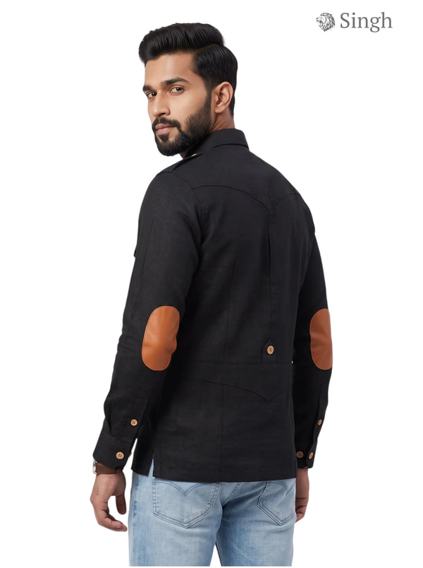 M Hunting Shirt in Black Linen with Leather Patches featuring LINEN JIO 2P PAN-13-5019-3