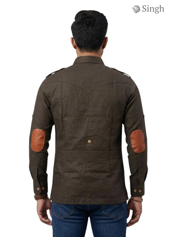 M Hunting Shirt in Brown Linen with Elbow Patches, Back View, featuring LINEN JIO 2P PAN-13-5019-3