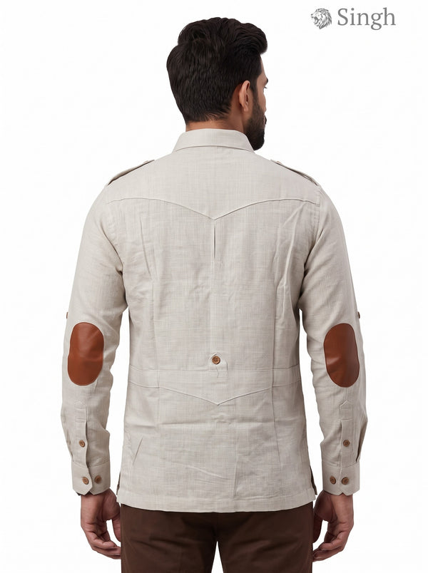 M Hunting Shirt in Beige Linen with Leather Elbow Patches featuring LINEN JIO 2P PAN-13-5019-3