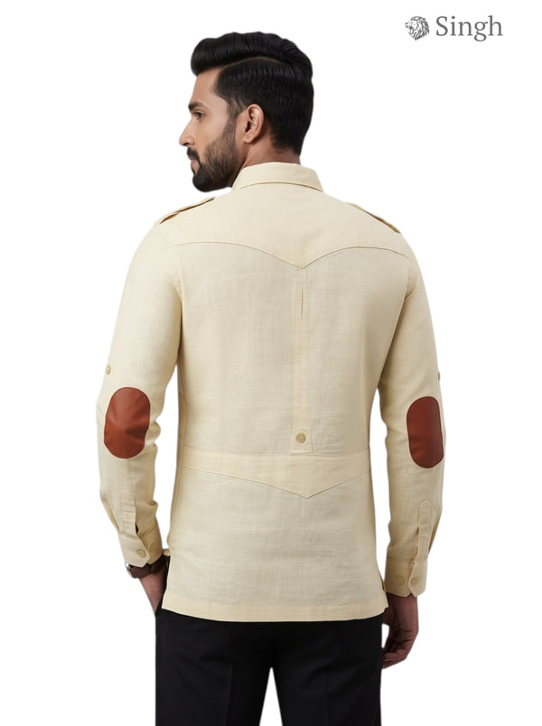 M Hunting Shirt in Beige Linen with Leather Elbow Patches - LINEN JIO 2P PAN-13-5019-3