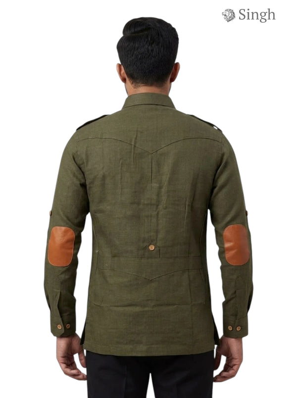 M Hunting Shirt in Olive Green Linen with Elbow Patches featuring LINEN JIO 2P PAN-13-5019-3