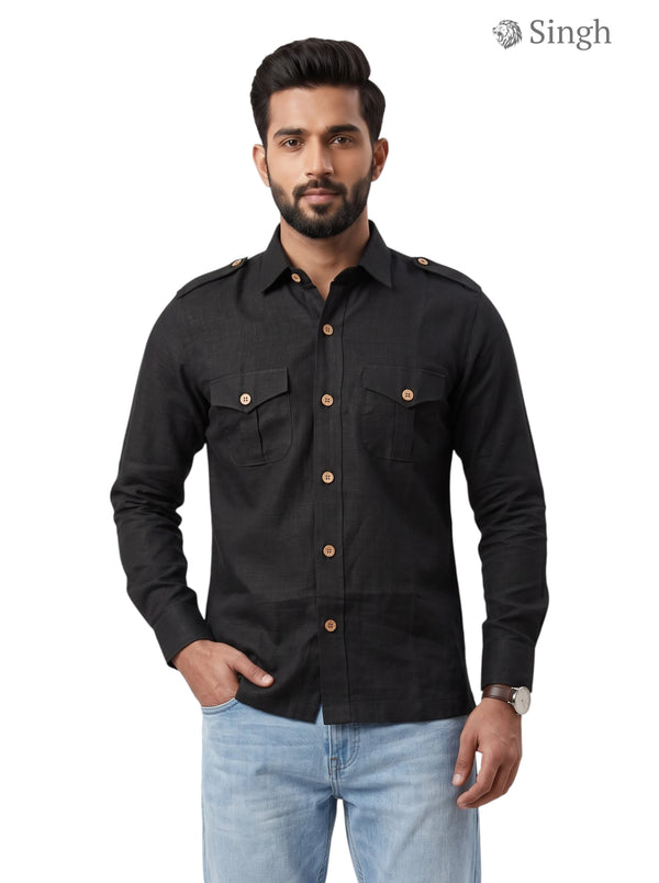 M Hunting Shirt in black linen from SINGH, featuring a classic fit and button details, LINEN JIO 2P PAN-13-5019-3