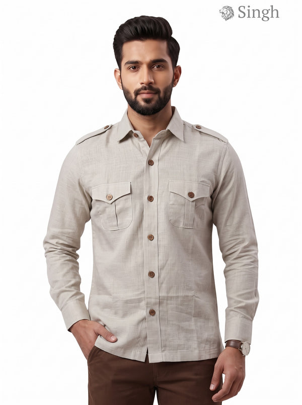 M Hunting Shirt in Beige Linen Fabric, Front View featuring LINEN JIO 2P PAN-13-5019-3