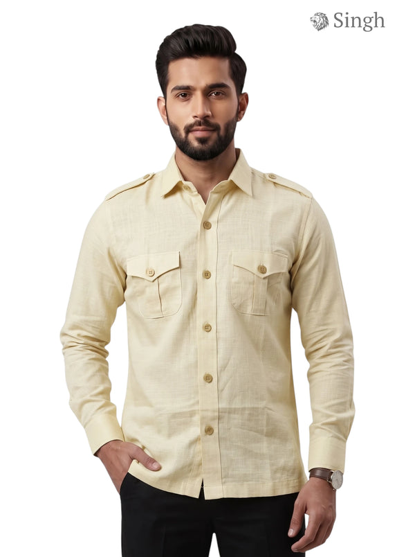 M Hunting Shirt in Beige Linen with Buttoned Pockets featuring LINEN JIO 2P PAN-13-5019-3