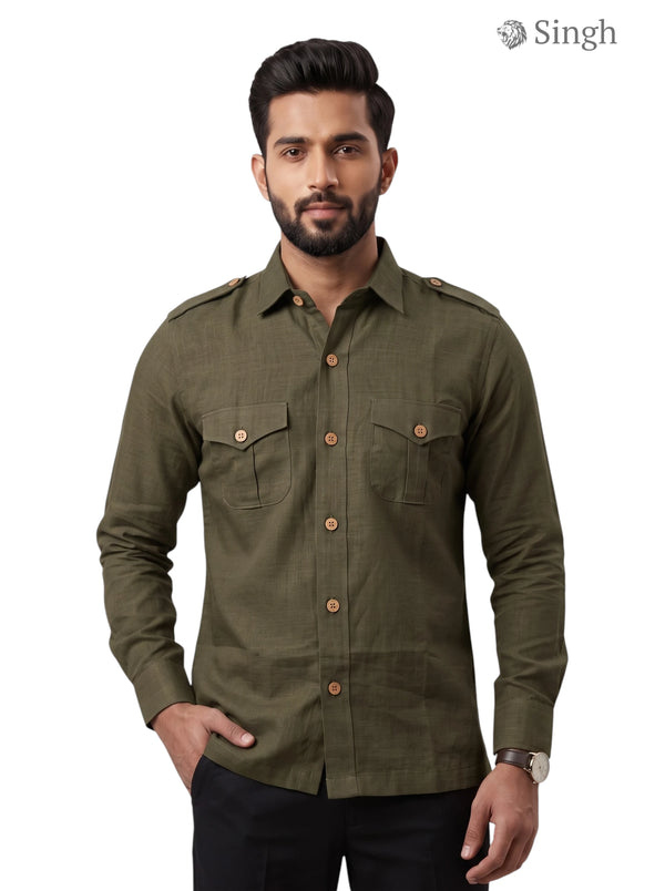 M Hunting Shirt in Olive Green Linen with Button Details and Shoulder Epaulettes, LINEN JIO 2P PAN-13-5019-3