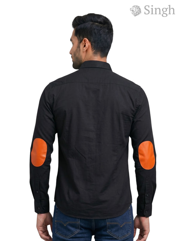 M Shirt in black cotton with orange elbow patches, back view, featuring LOGO SHIRT-25-101-2-BADGURJAR