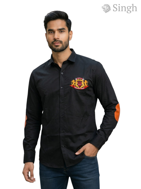 M Shirt in black cotton fabric, front view featuring LOGO SHIRT-25-101-2-BADGURJAR with shoulder patches