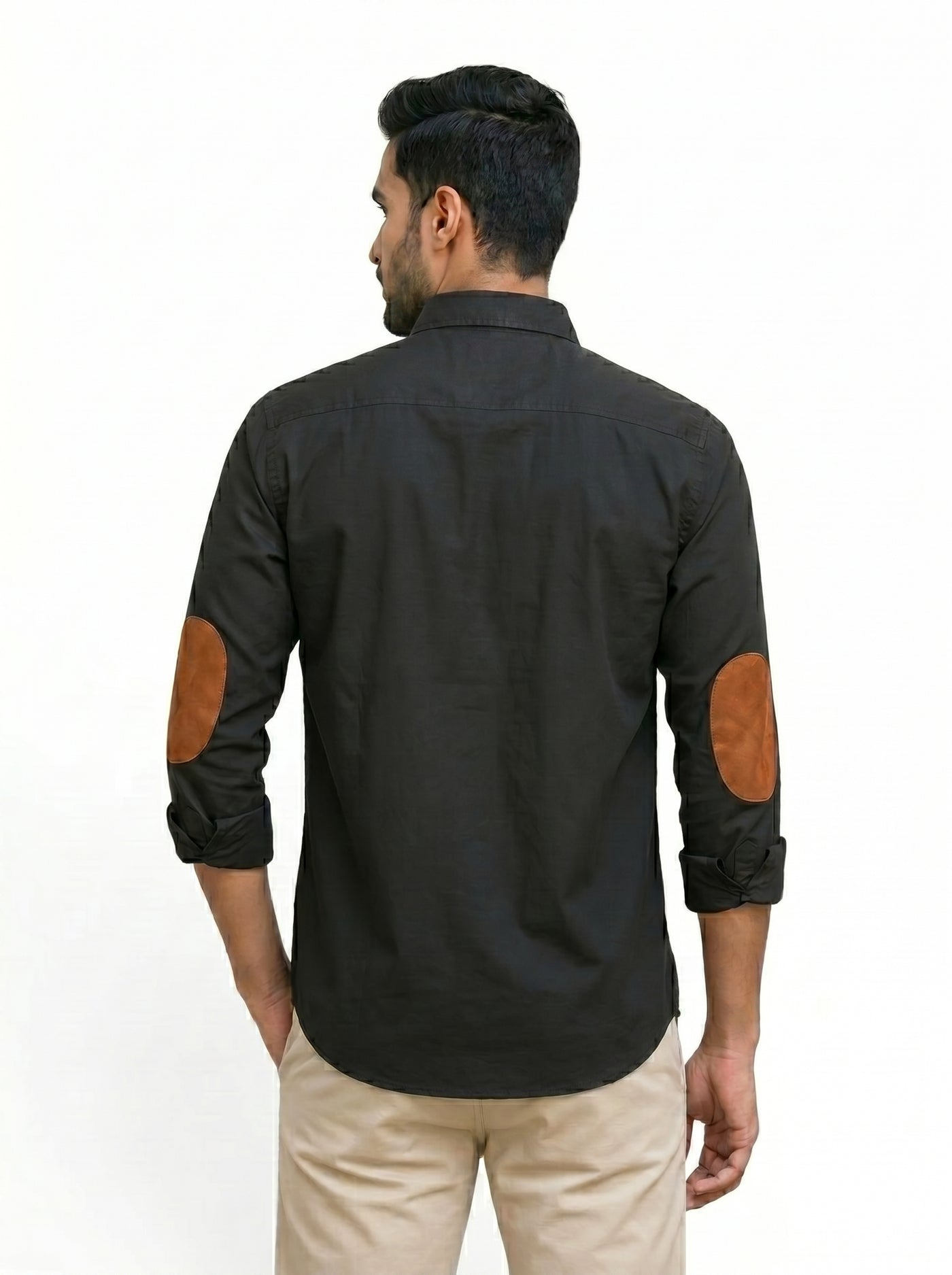 M Shirt in dark brown cotton with elbow patches, featuring LOGO SHIRT-25-101-2-MN PARTAP