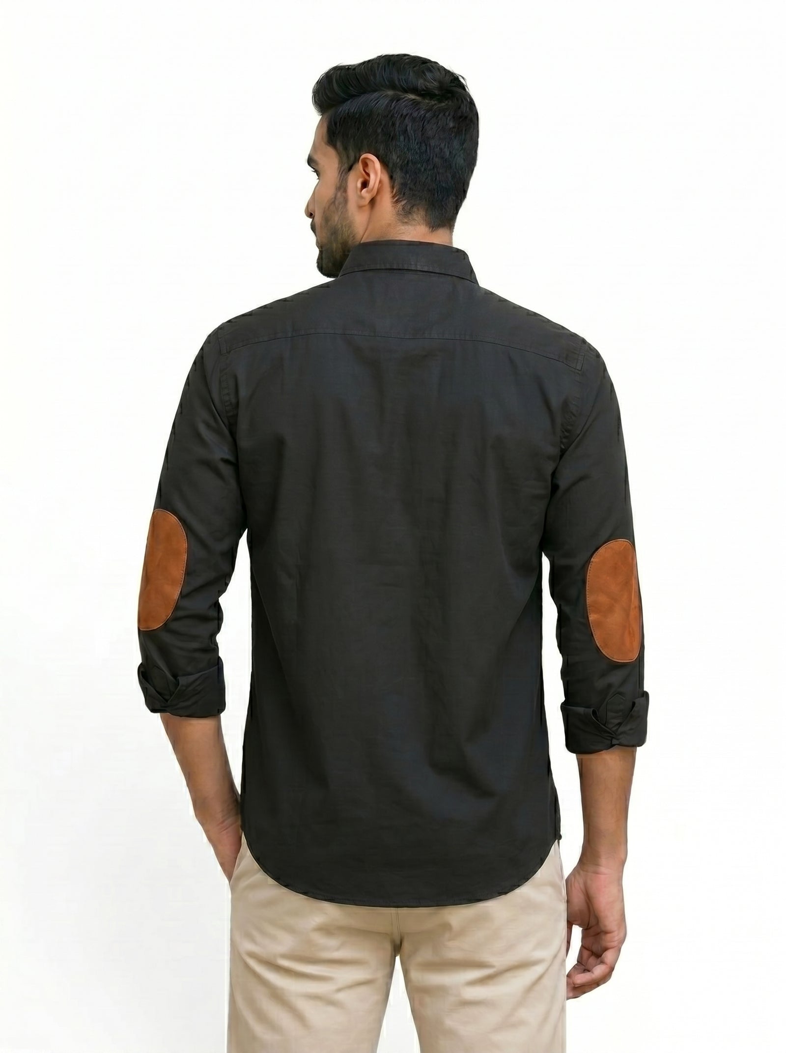 M Shirt in dark brown cotton with elbow patches, featuring LOGO SHIRT-25-101-2-MN PARTAP