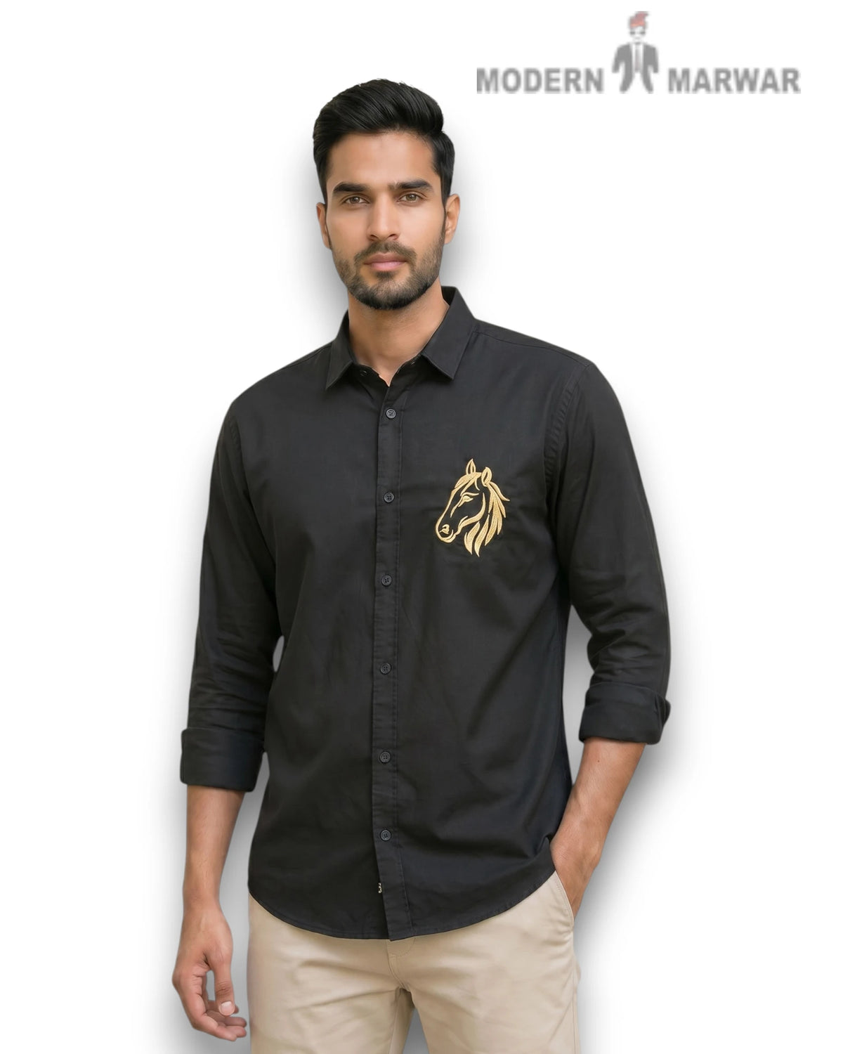 M Shirt in black fabric featuring a horse logo, angled view showcasing logo shirt S-25-5042-HORSE