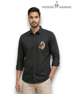 M Shirt in black fabric featuring a horse logo, angled view showcasing logo shirt S-25-5042-HORSE
