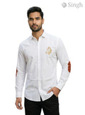 M White Cotton Shirt with Horse Logo S-25-5042-HORSE and Brown Elbow Patches