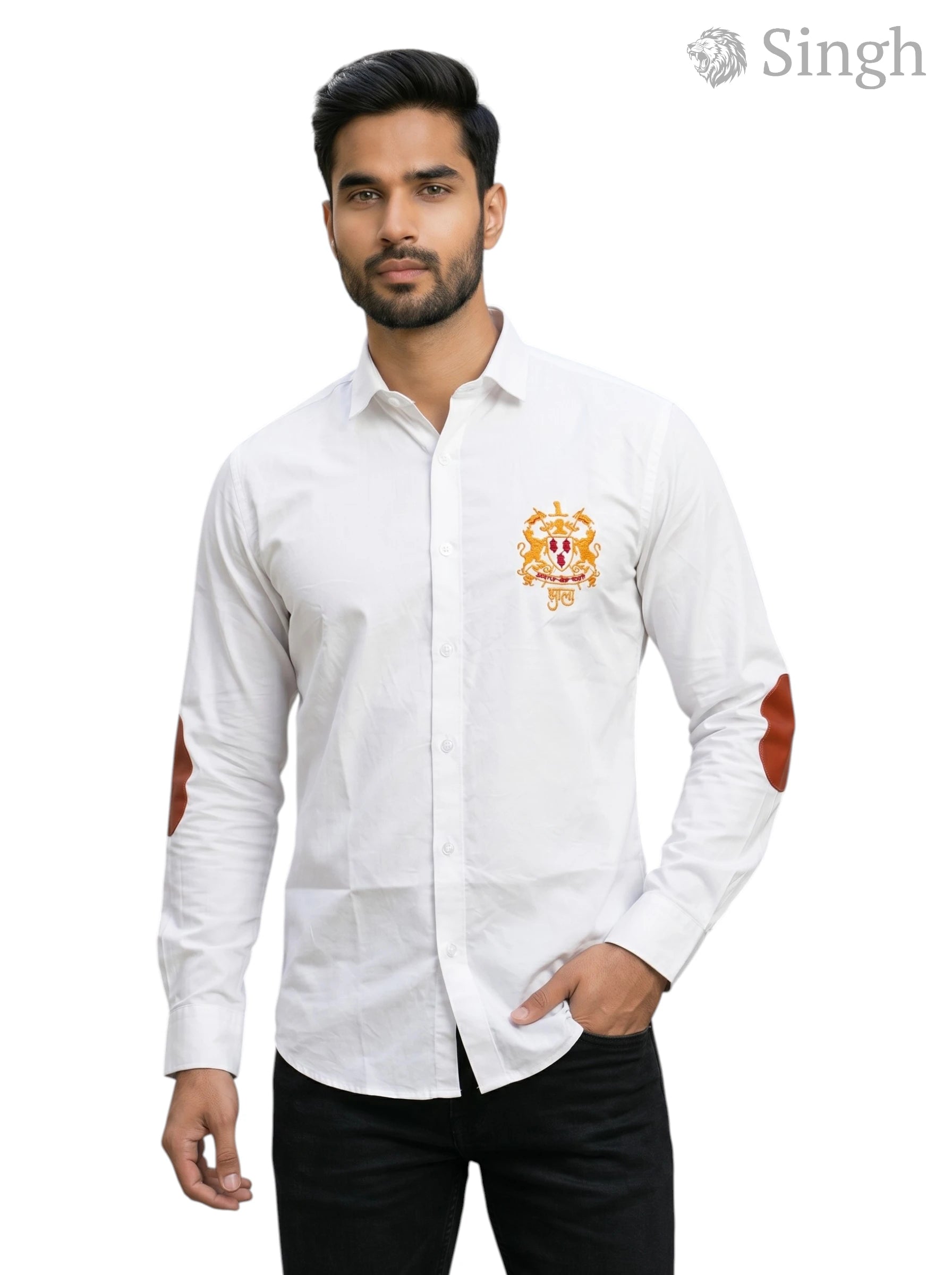 M Shirt in White Cotton with Logo S-25-5042-JHALA and Brown Elbow Patches, Front Angle View