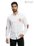 M Shirt in White Cotton with Logo S-25-5042-JHALA and Brown Elbow Patches, Front Angle View