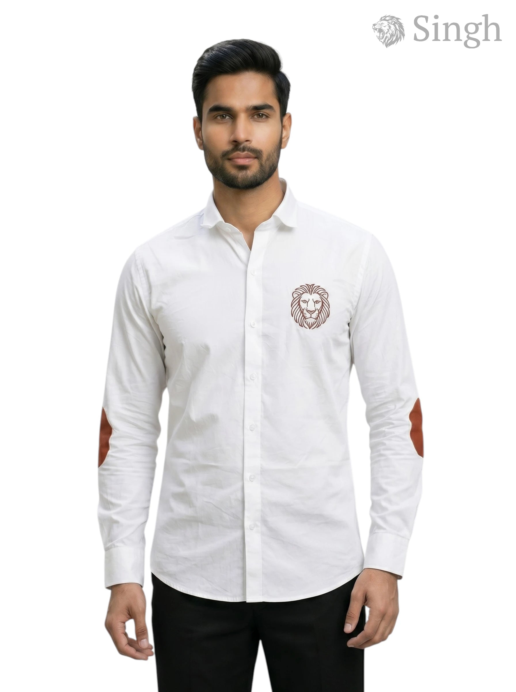 Men's White Cotton Shirt at Front Angle with SINGH Logo Shirt S-25-5042-LION