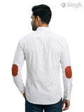 M Shirt in white cotton with brown elbow patches at a back angle, featuring LOGO SHIRT S-25-5042-PADIHAR