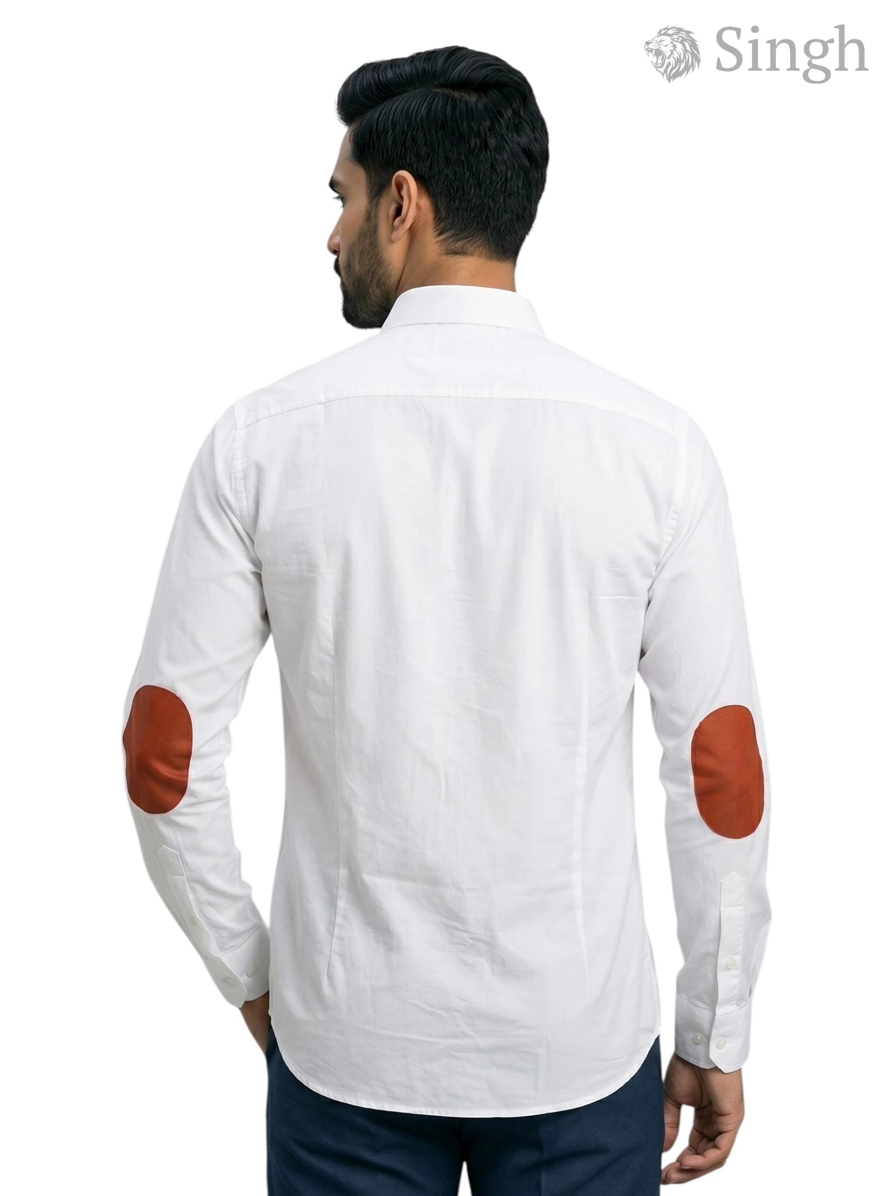 M Shirt in white cotton with brown elbow patches at a back angle, featuring LOGO SHIRT S-25-5042-PADIHAR