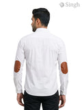 M Shirt in white cotton fabric with brown elbow patches, featuring LOGO SHIRT S-25-5042-PARMAR